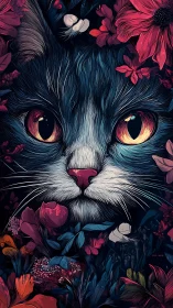 Cat face with luminous gradient eyes surrounded by dark floral arrangement