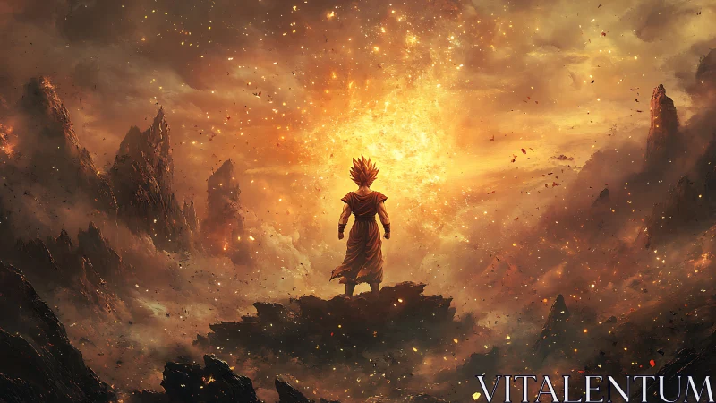 Radiant warrior stands strong before a blazing cosmic storm