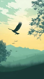 Soaring eagle silhouettes glide above misty green hills.