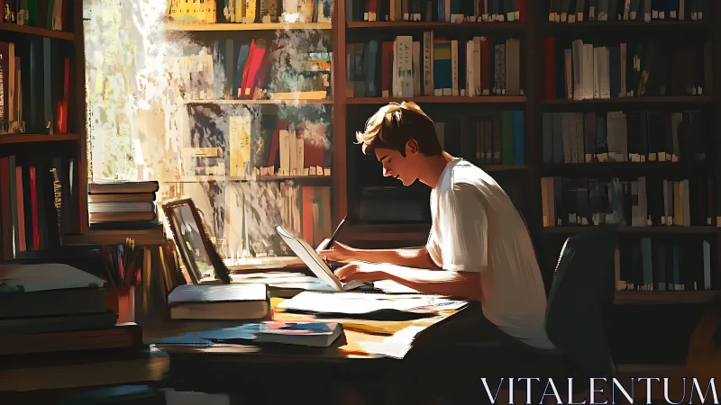 Sunlit academic workspace with concentrated digital drafting.