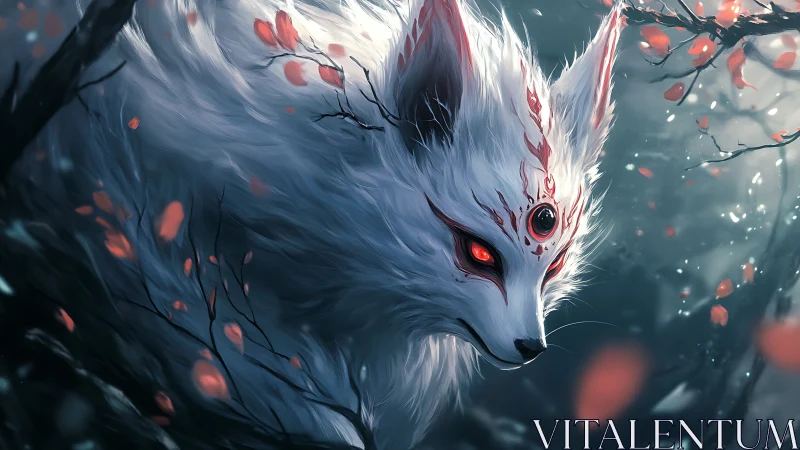Three-eyed spirit fox with glowing red sigils in misty grove