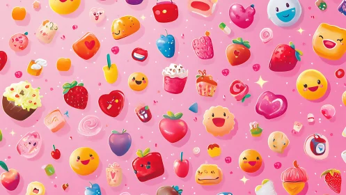Joyful emoji and fruit compositions on vibrant pink background.