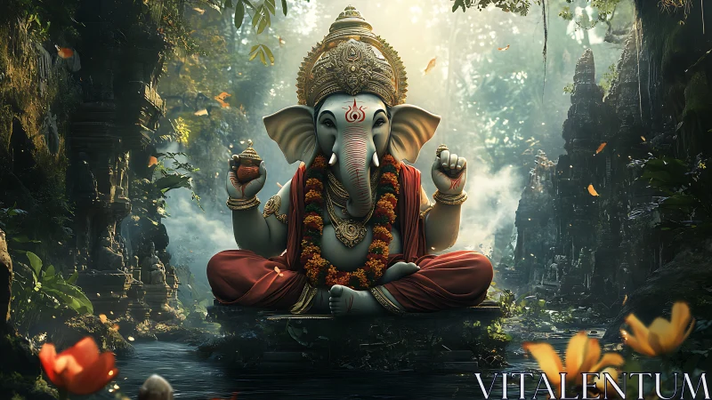 Majestic Ganesha deity rendered in luminous rainforest digital art