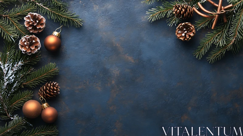 Holiday pine branches frame elegant bronze ornaments.