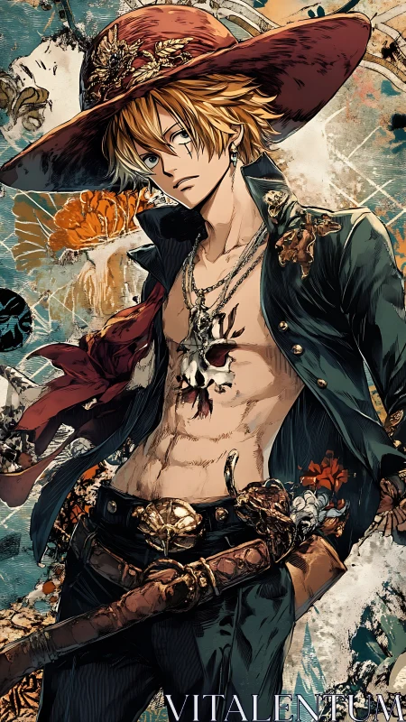 Brooding pirate wanderer stands bold in ornate red hat