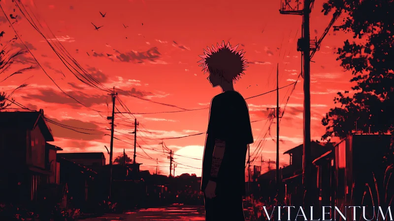 Quiet sunset streets with a thoughtful anime boy watching sky.