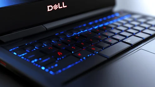 Backlit Dell laptop keyboard with blue‑red gaming illumination.
