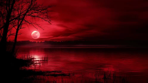 Crimson moonrise over reflective lake with silhouetted trees.