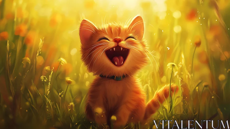 Orange cat laughing joyfully in golden wildflower meadow