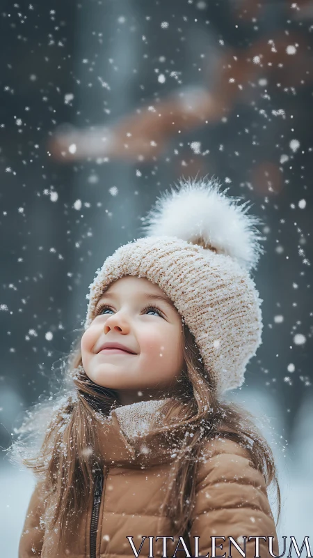 Child in winter attire gazing upward amid falling snow particles