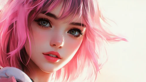 Digital portrait shows close-up of young woman with pink hair
