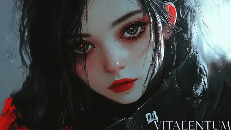 Midnight-eyed rebel girl in crimson-lit digital silence.