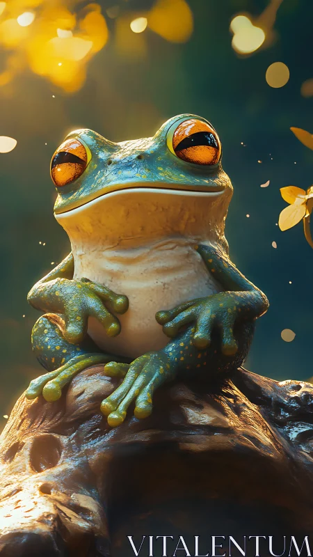 Golden hour forest frog soaking in dreamy sunlight glow.