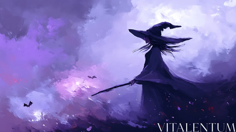 Midnight witch rides a stormy violet sky in silhouette