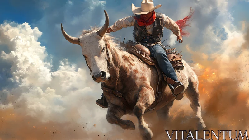 Rodeo cowboy on charging bull amid swirling dust clouds.