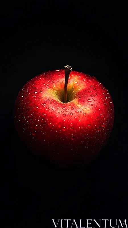 Red apple with water droplets on black isolated background.