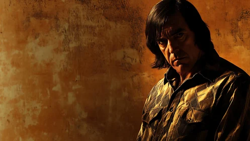 Brooding middle aged man against grungy orange wall.