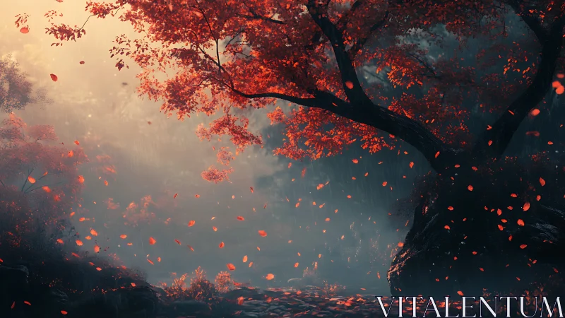 Cinematic red maple tree in misty backlit forest clearing