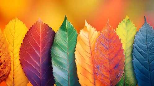 Colorful row of autumn leaves in a vivid gradient display.