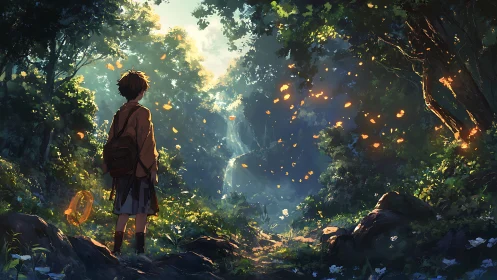 Youth with backpack observing dense forest waterfall scene.