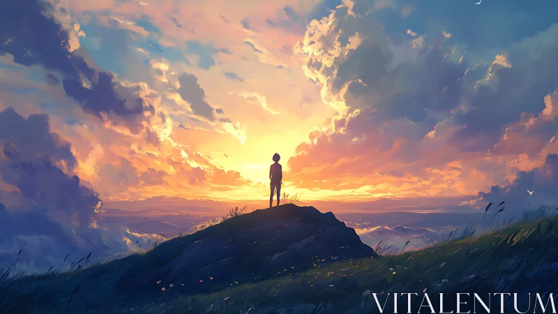 Quiet hilltop sunrise with a dreamer bathed in color.