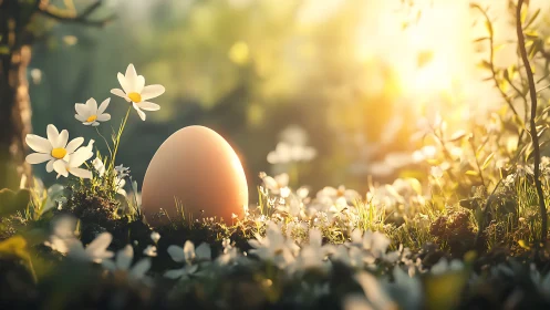 Sunlit egg among daisies in shallow-depth forest clearing