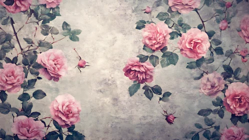Vintage rose wall pattern shows faded pastel blossoms and textured wash