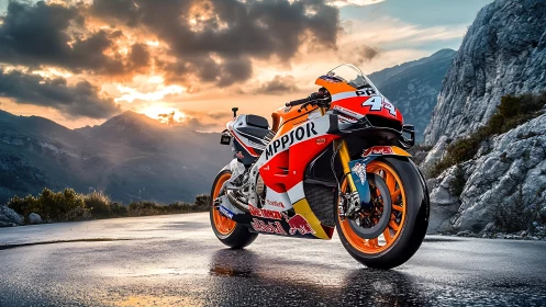 Sunset-washed race bike pauses like thunder on wet mountain road