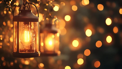 Metal lanterns with exposed bulbs glow against soft bokeh