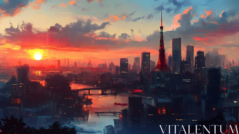 Sunlit cyberpunk city skyline glows through vivid sunset haze