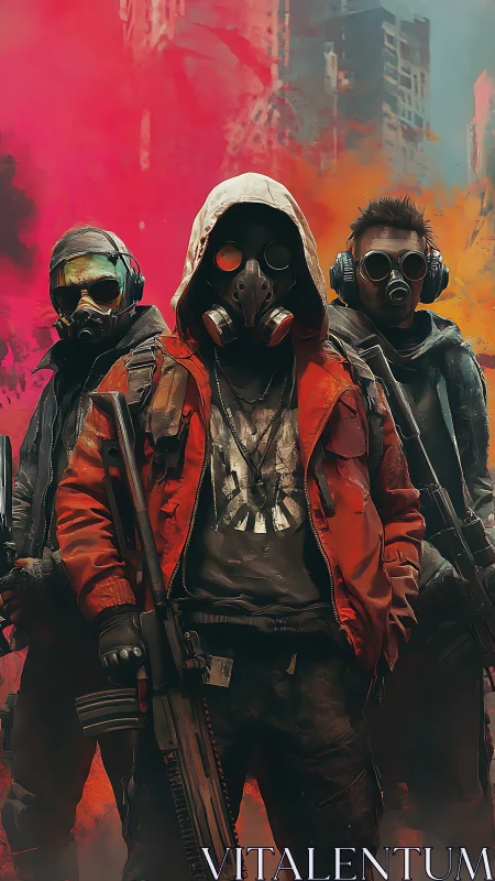 Postapocalyptic gasmask squad advances through toxic ruins.