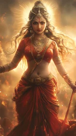 Mythic female figure in ornate attire with radiant backdrop.