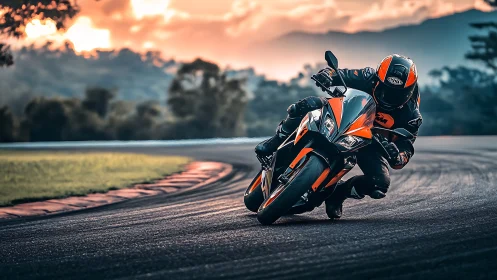 Sport bike rider carves apex on glowing mountain circuit.