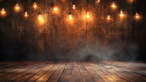 Rustic wooden stage under warm hanging bulbs at night.