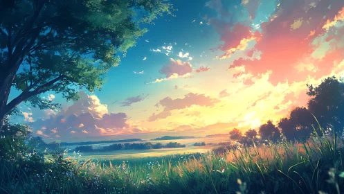 Gentle countryside sunset opens onto calm, glowing fields