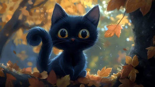 Obsidian Kitten Enchanted by Autumn's Golden Whispers.