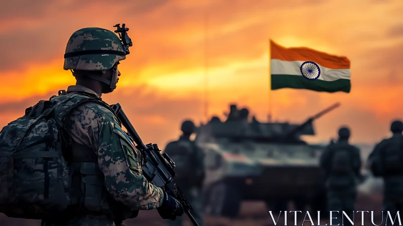 Indian soldier and tank at sunset with national flag raised.