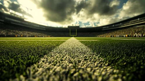 Low-angle view shows football field line and distant goalposts