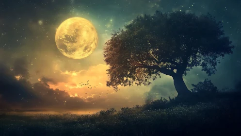 Enchanted moonlit tree crowns glowing twilight horizon.