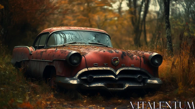 Old red sedan sits abandoned in an overgrown autumn forest