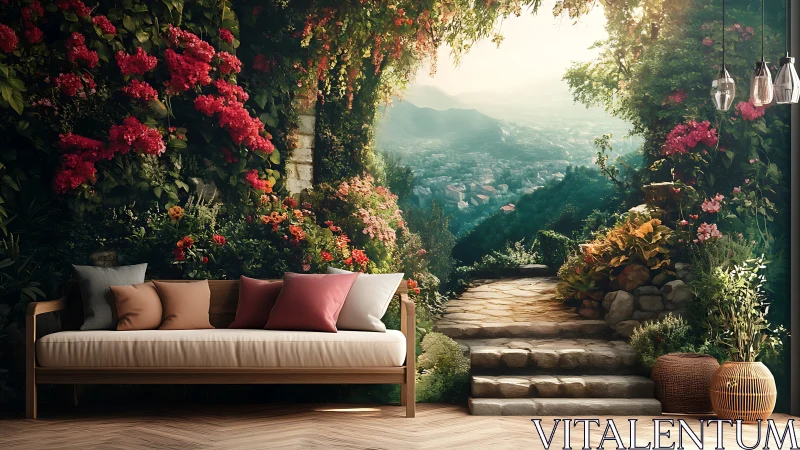 Garden terrace mural behind sofa with mountain city view.