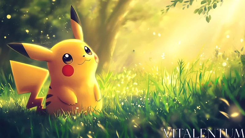 Pikachu basks in warm forest sunlight amid glowing grass