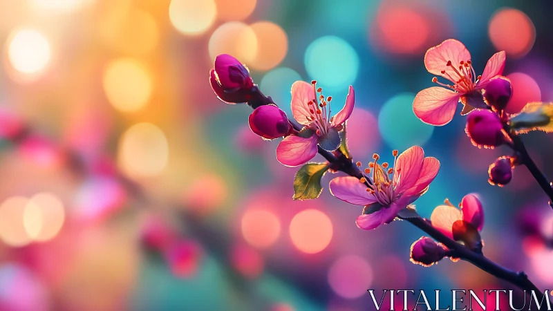 Backlit Cherry Blossoms with Bokeh Depth of Field and Warm Optical Effects