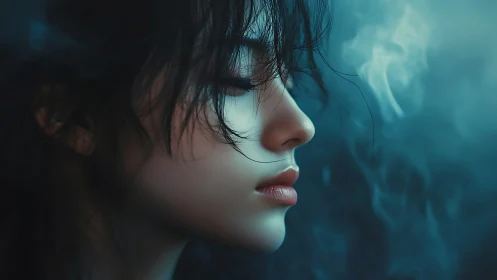 Melancholic female profile rendered in cool cinematic lighting