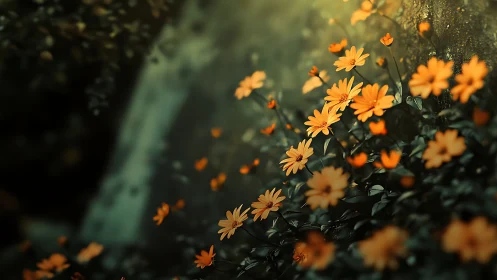 Golden daisies with selective focus against muted green backdrop.