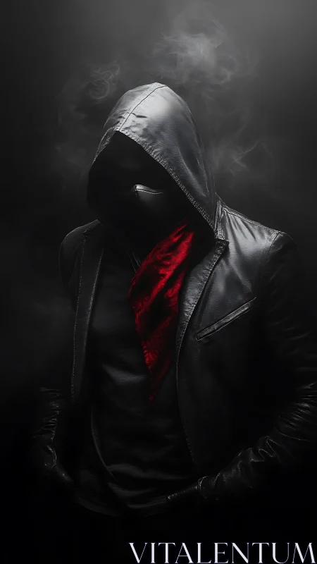 Mysterious hooded figure stands in shadows with red scarf