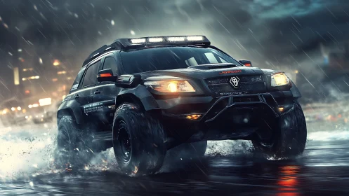 Off-road SUV cuts through neon-lit city storm at night.