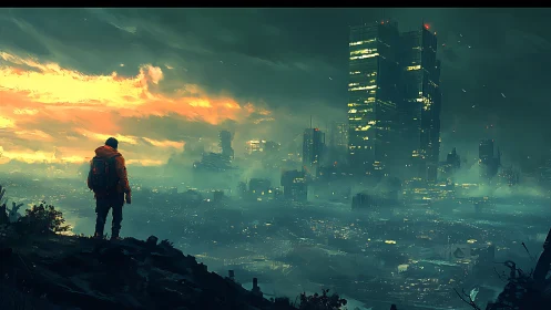 Solitary surveyor over bioluminescent posturban megacity grid.