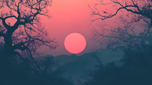 Pink sun centered behind misty hills and dark branches