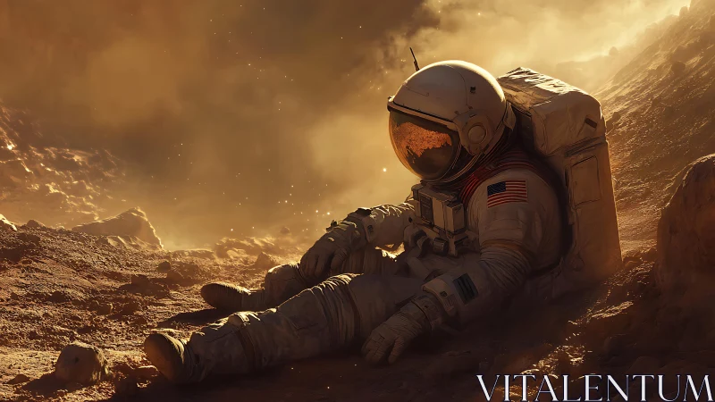 Dusty Martian siesta with a lone, sunset-soaked astronaut.